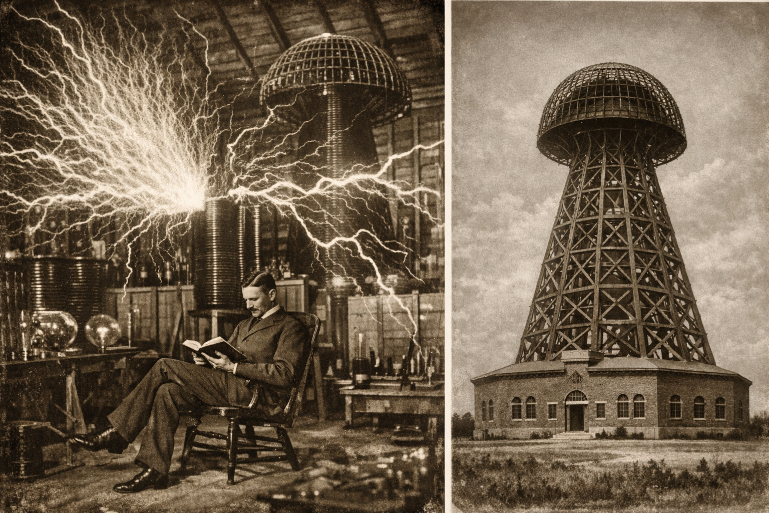 Tesla at Colorado Springs, 1899. Massive electrical discharges arc around him. Right: Wardenclyffe Tower — free energy for the world.