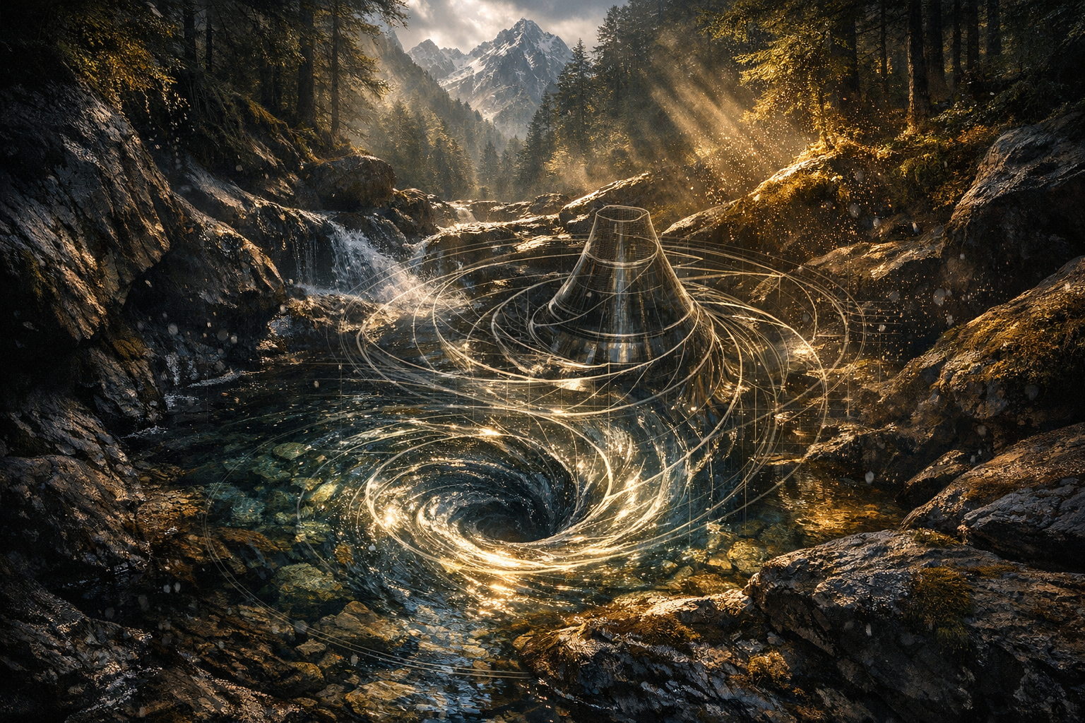 Schauberger's vortex — natural water vortex geometry alongside his implosion turbine engineering drawings.