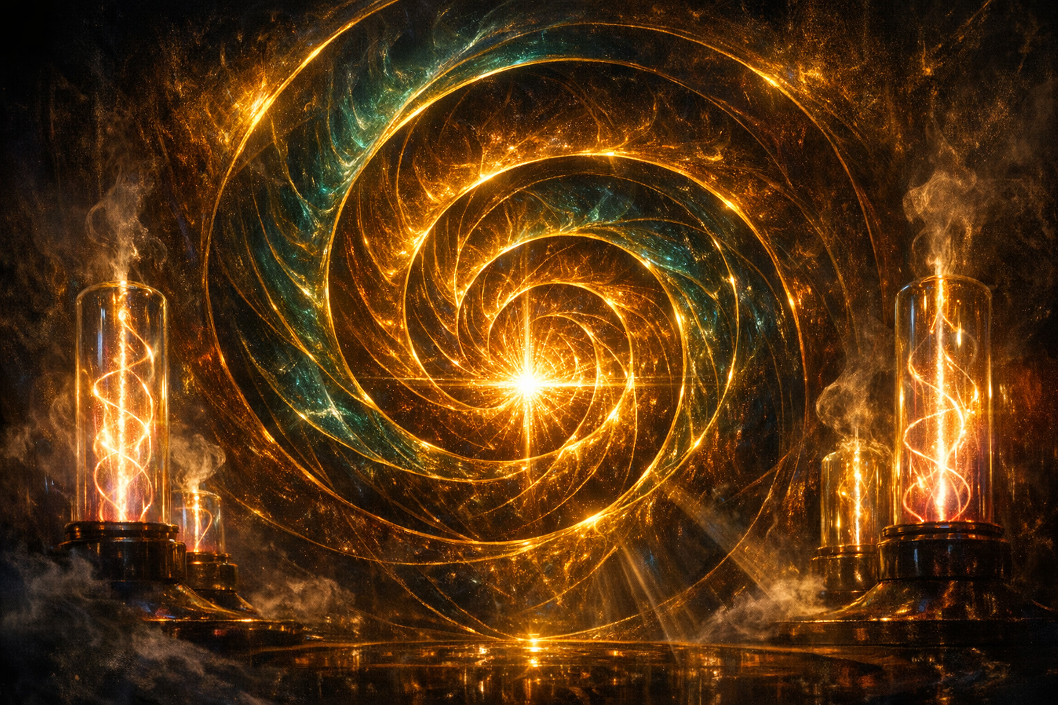 Dan Winter's phase conjugation — golden ratio spiral nesting, waves compressing without destructing.