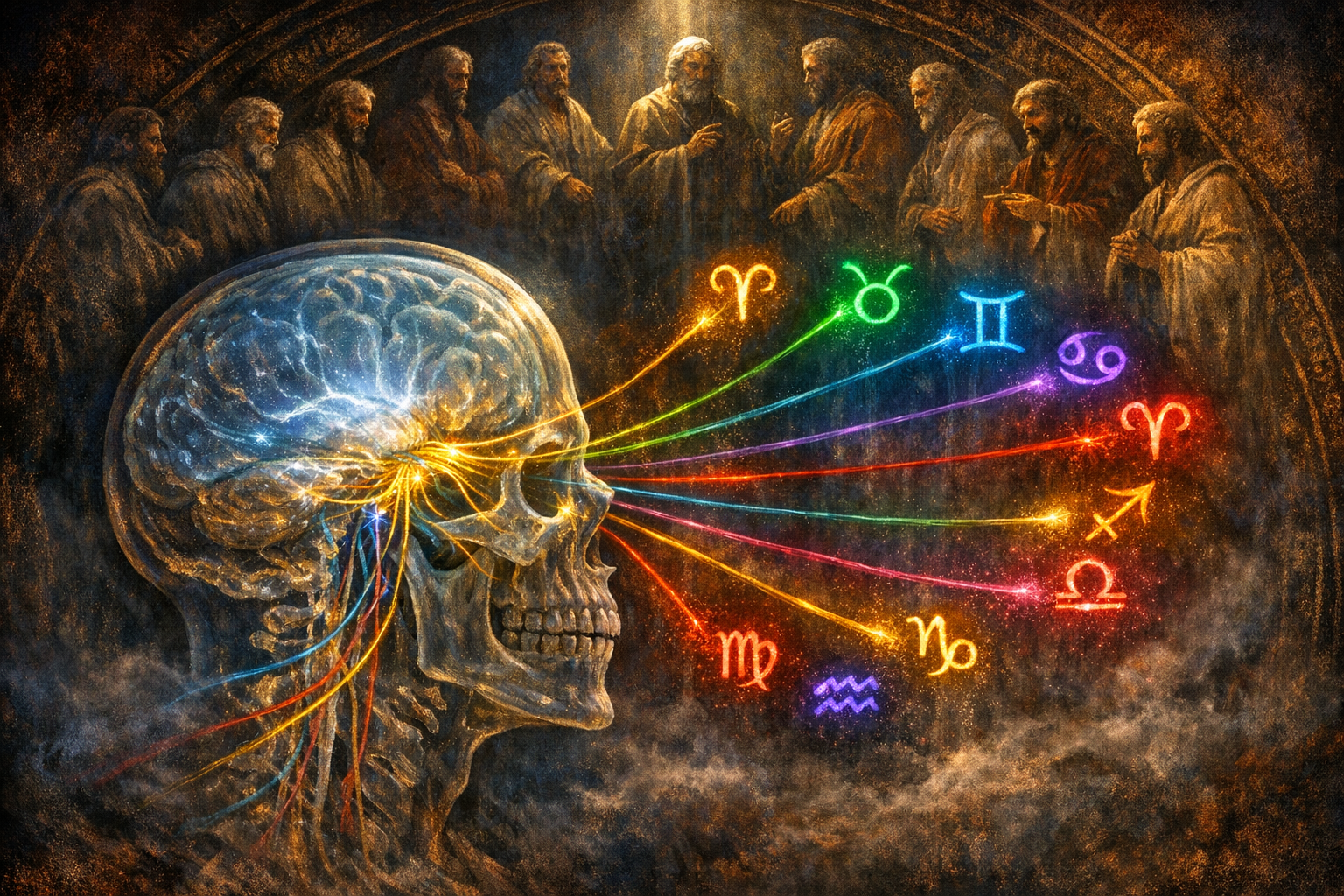 The 12 cranial nerves mapped alongside the 12 zodiac signs and the 12 disciples.