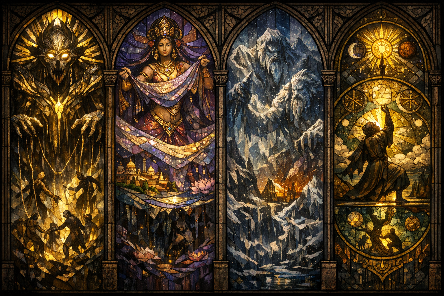 Cross-tradition comparison — Gnostic Archon, Hindu Maya, Norse Jxf6tnar, Hermetic correspondence.