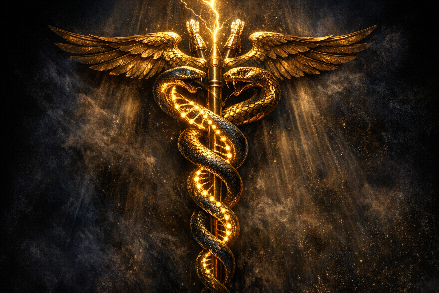 DNA double helix alongside the Caduceus of Hermes — identical geometry across millennia.