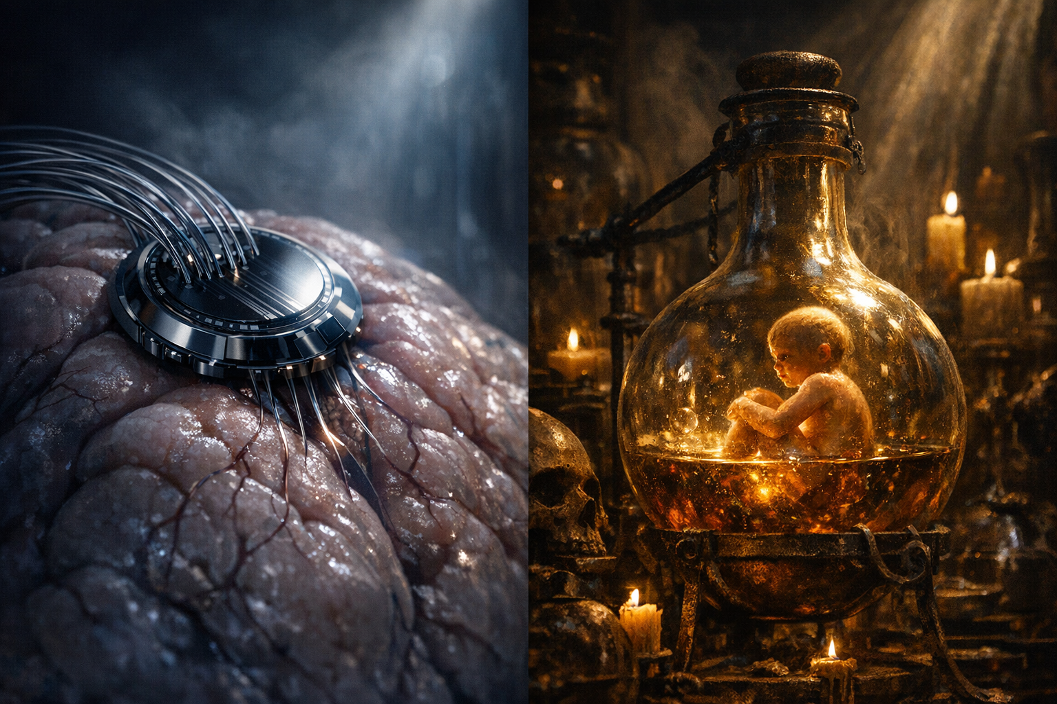 Neuralink brain chip alongside a medieval alchemical homunculus. The ambition is identical.