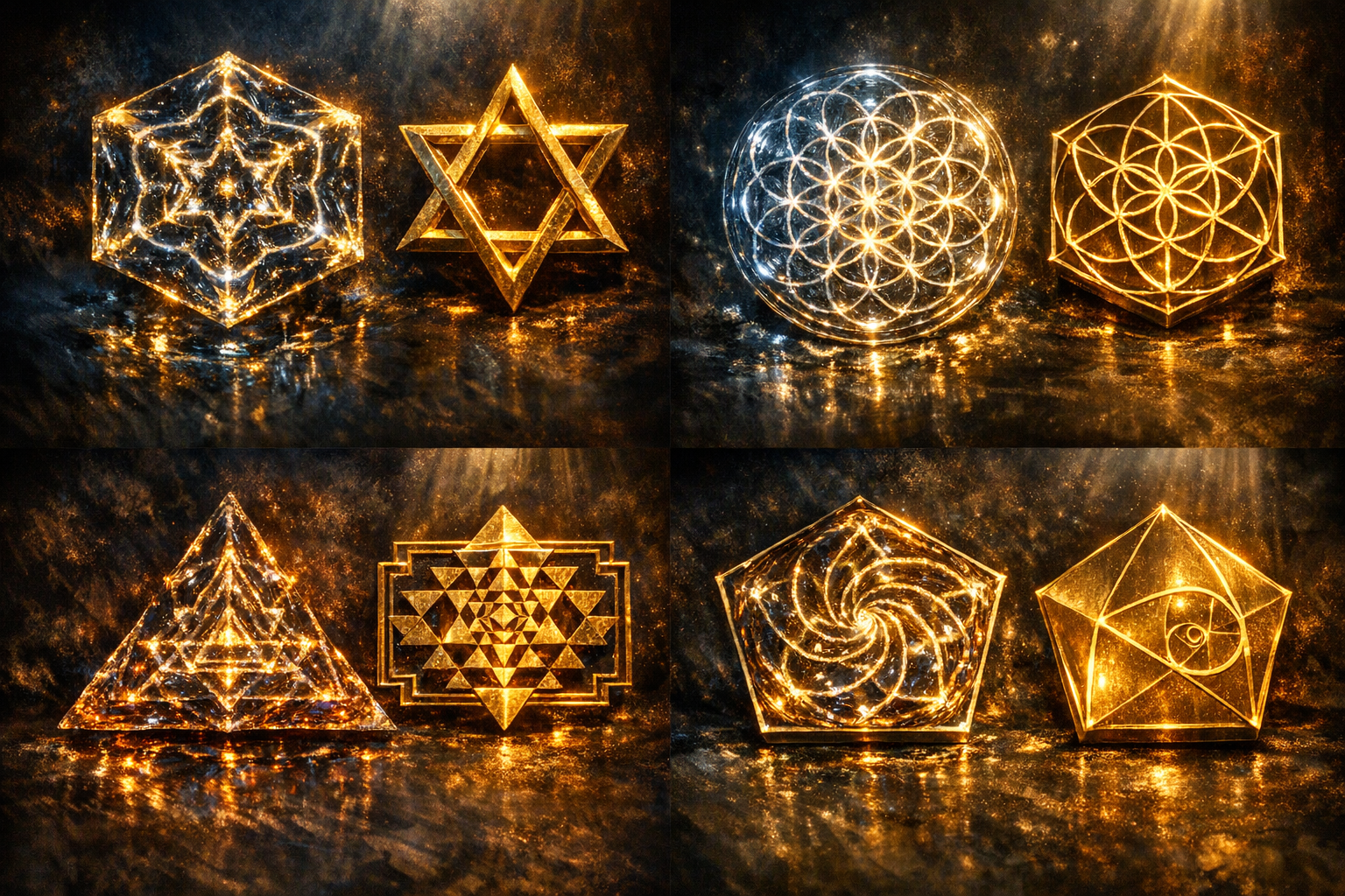 Cymatic patterns alongside their corresponding sacred geometry symbols. The correspondence is exact.