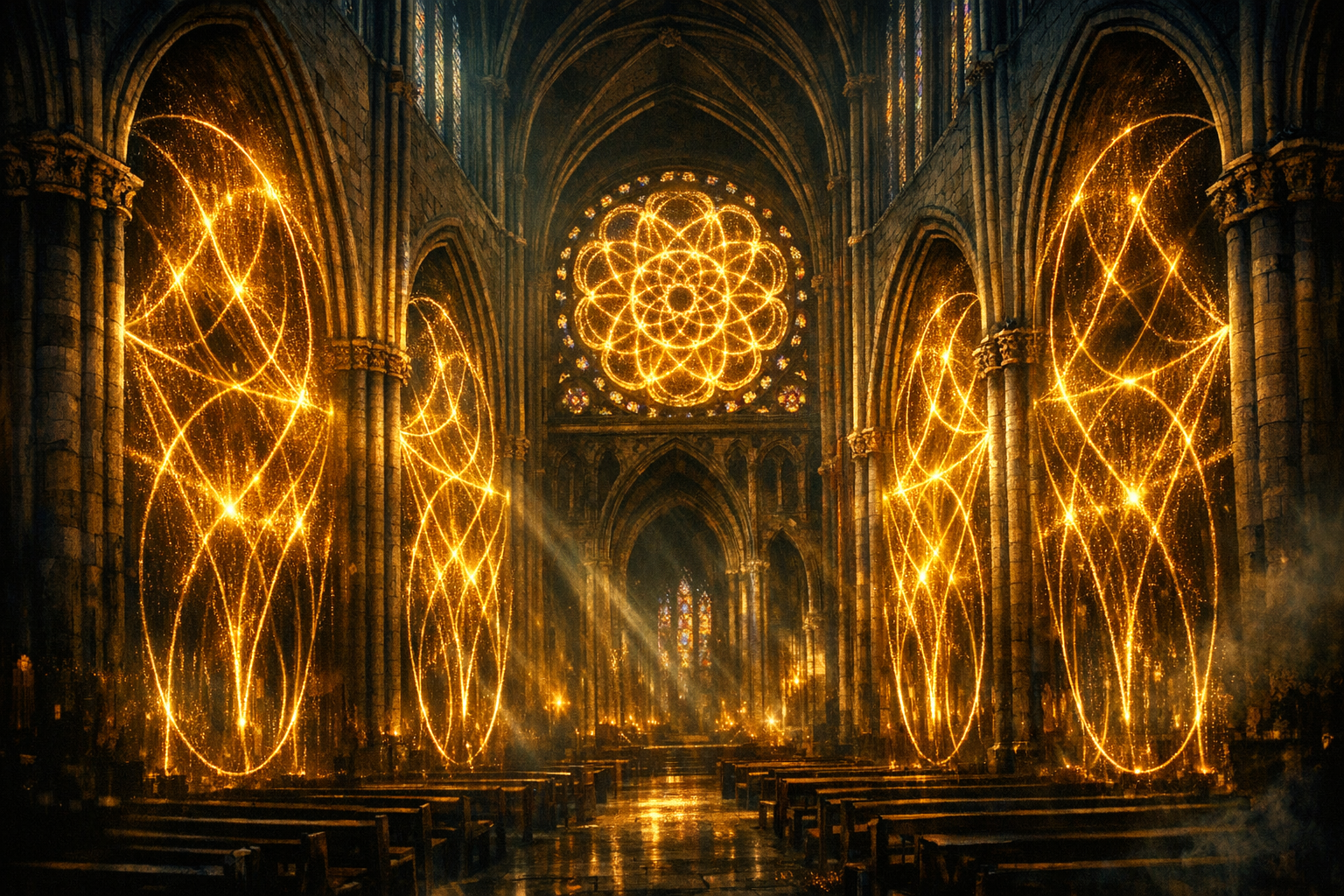 Gothic cathedral interior revealing its sonic architecture — standing waves and cymatic rose window.