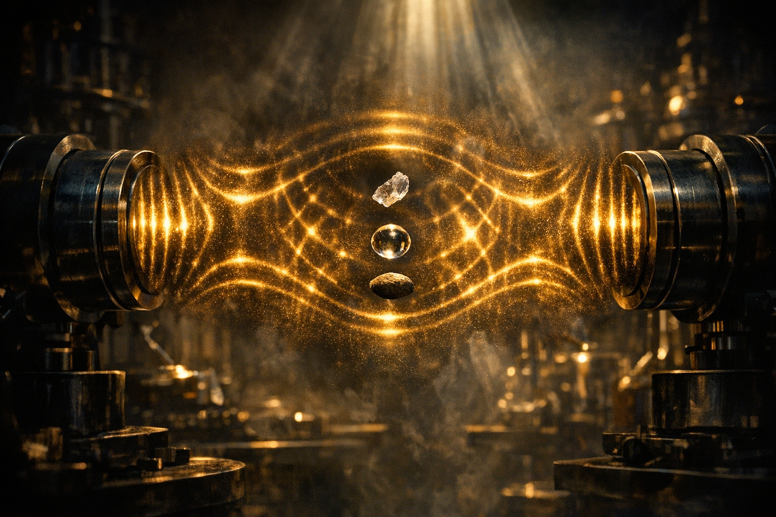 Acoustic levitation — objects suspended in midair between ultrasonic transducers.