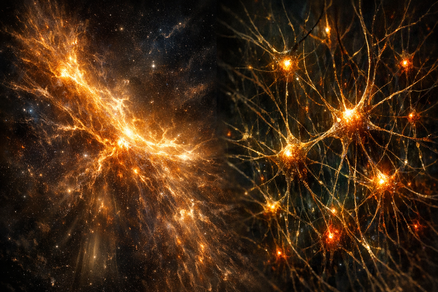 Plasma filament structures alongside neural networks. The universe thinks like you think.