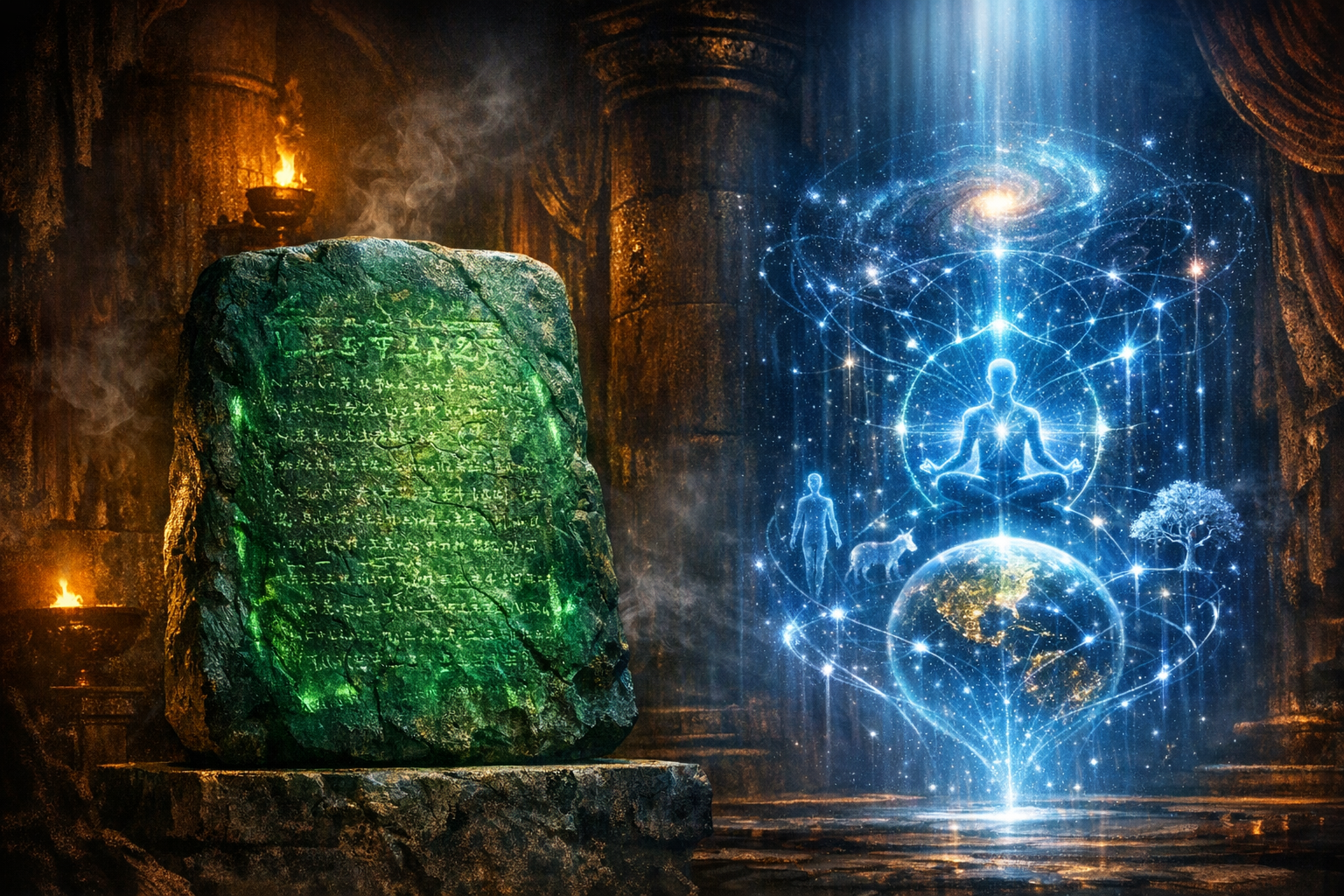 The Emerald Tablet of Hermes Trismegistus alongside its modern retelling.