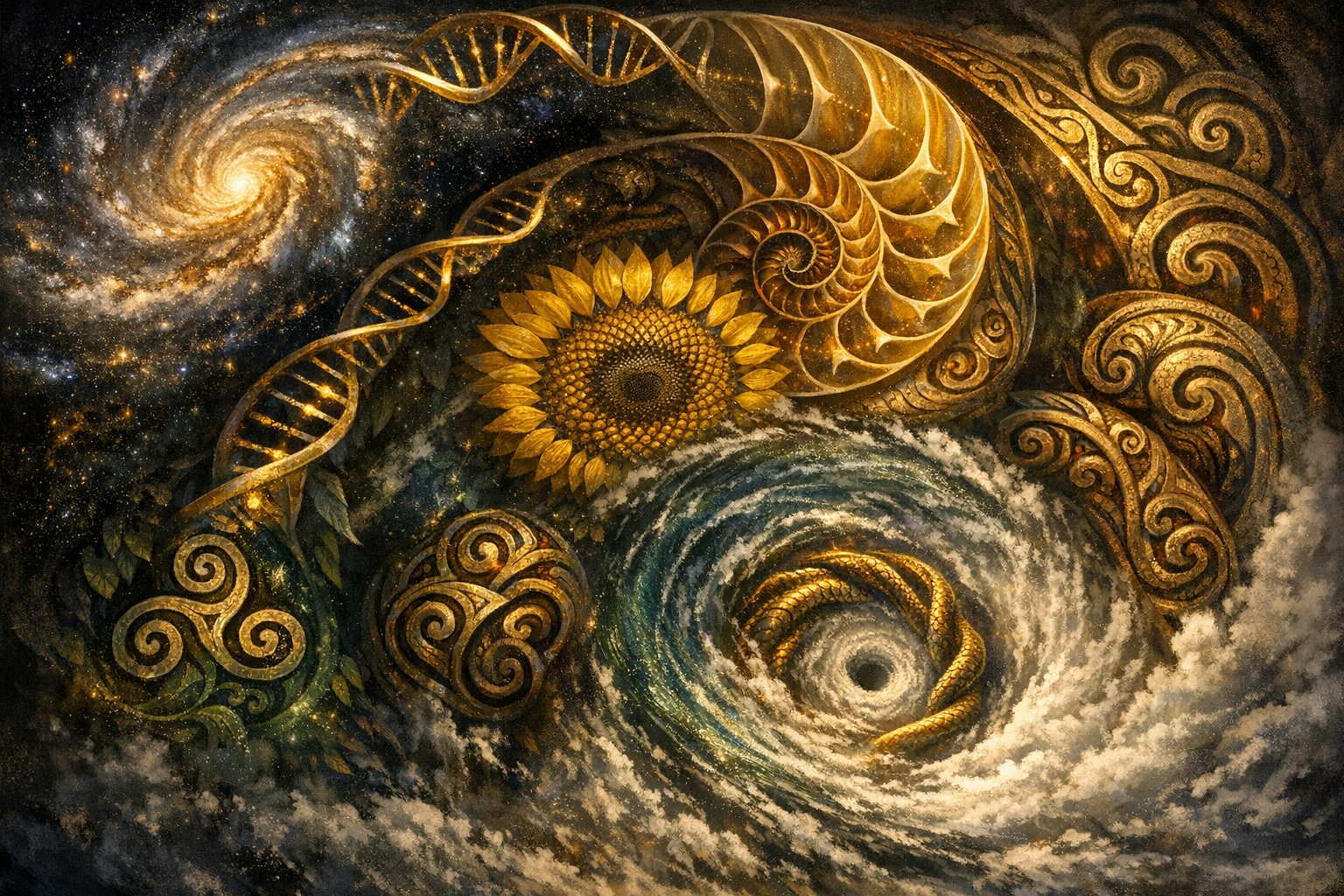 The spiral across all reality — from galaxies to DNA to nautilus shells. One geometry, every scale.