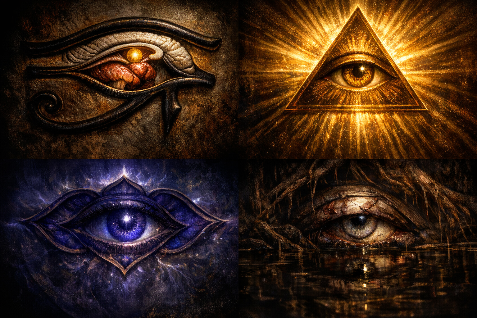 The Eye across traditions — Eye of Horus, Eye of Providence, Hindu third eye, Odin's sacrificed eye.