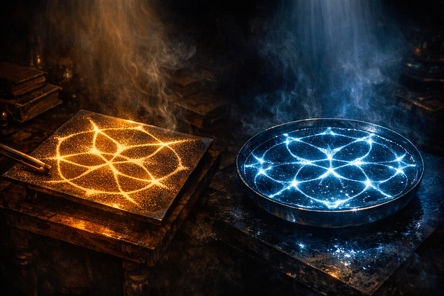 Chladni's 1787 sand patterns alongside modern cymatic water experiments.